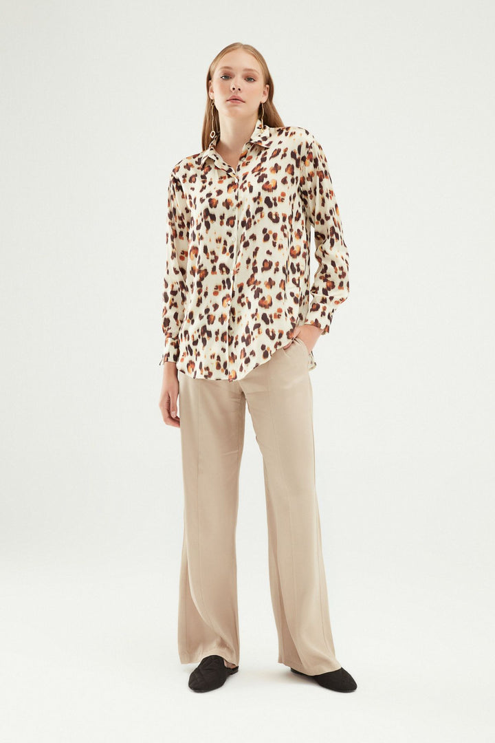 Leopard Patterned Satin Shirt Brown