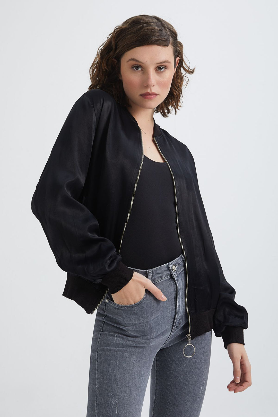 Stripe Detailed Bomber Jacket Black