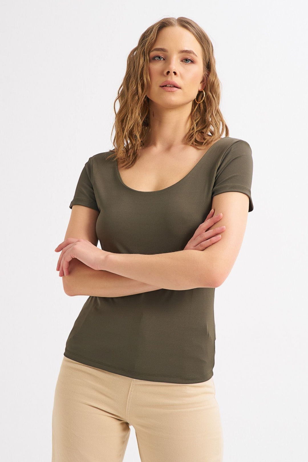 Short Sleeve Basic Blouse Khaki