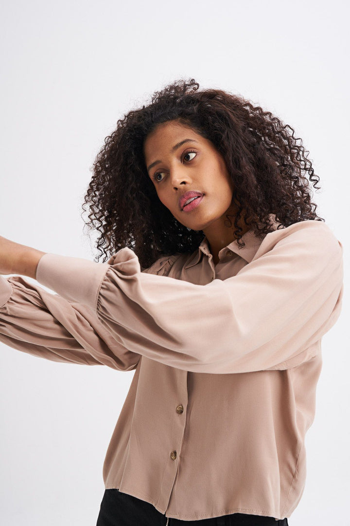 Balon Kol Fırfır Detaylı Gömlek Vizon