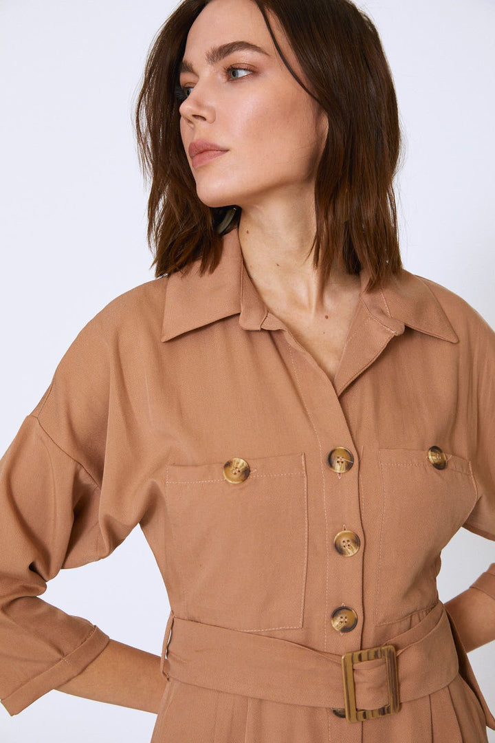 Beli Kuşaklı V Yaka Tulum Bej