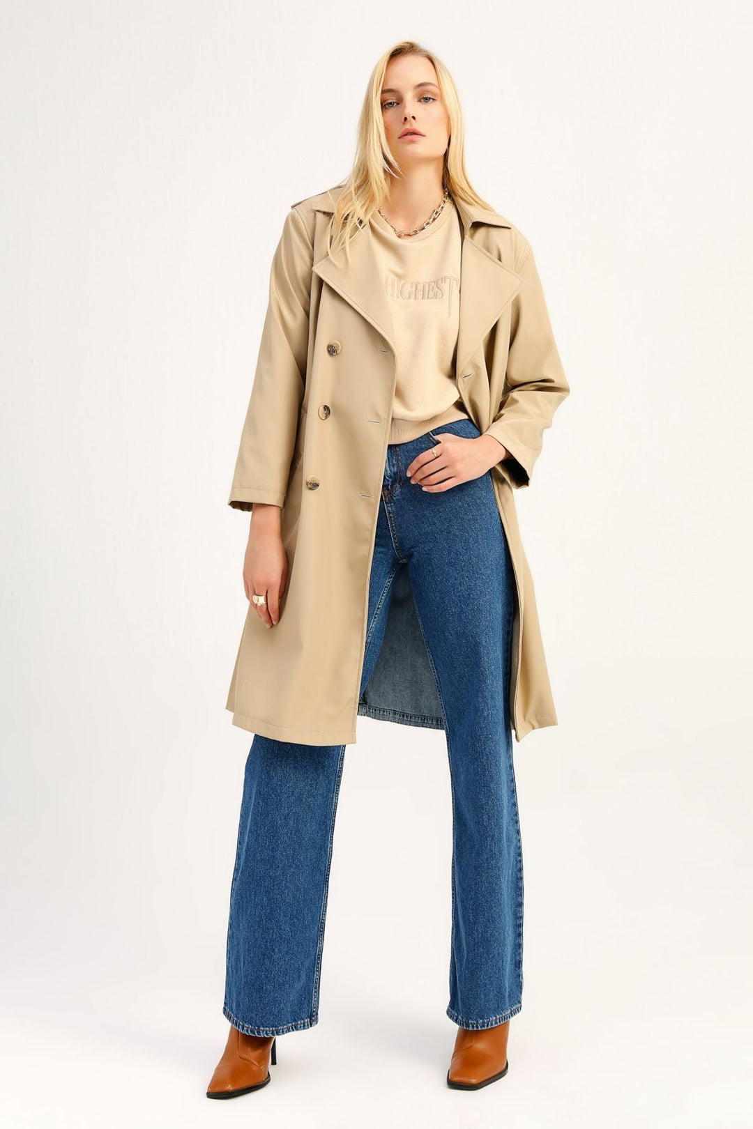 Jeans Detailed Belt Trench Coat Beige
