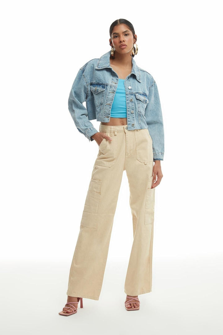 Crop Detailed Crop Denim Jacket Blue