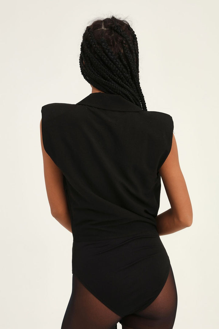 Kruvaze Vatkalı Bodysuit Siyah