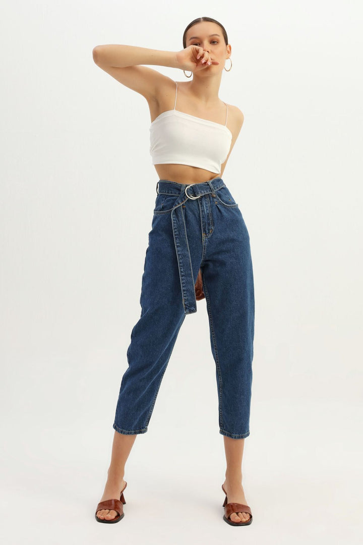 Kemerli Mom Jean Mavi