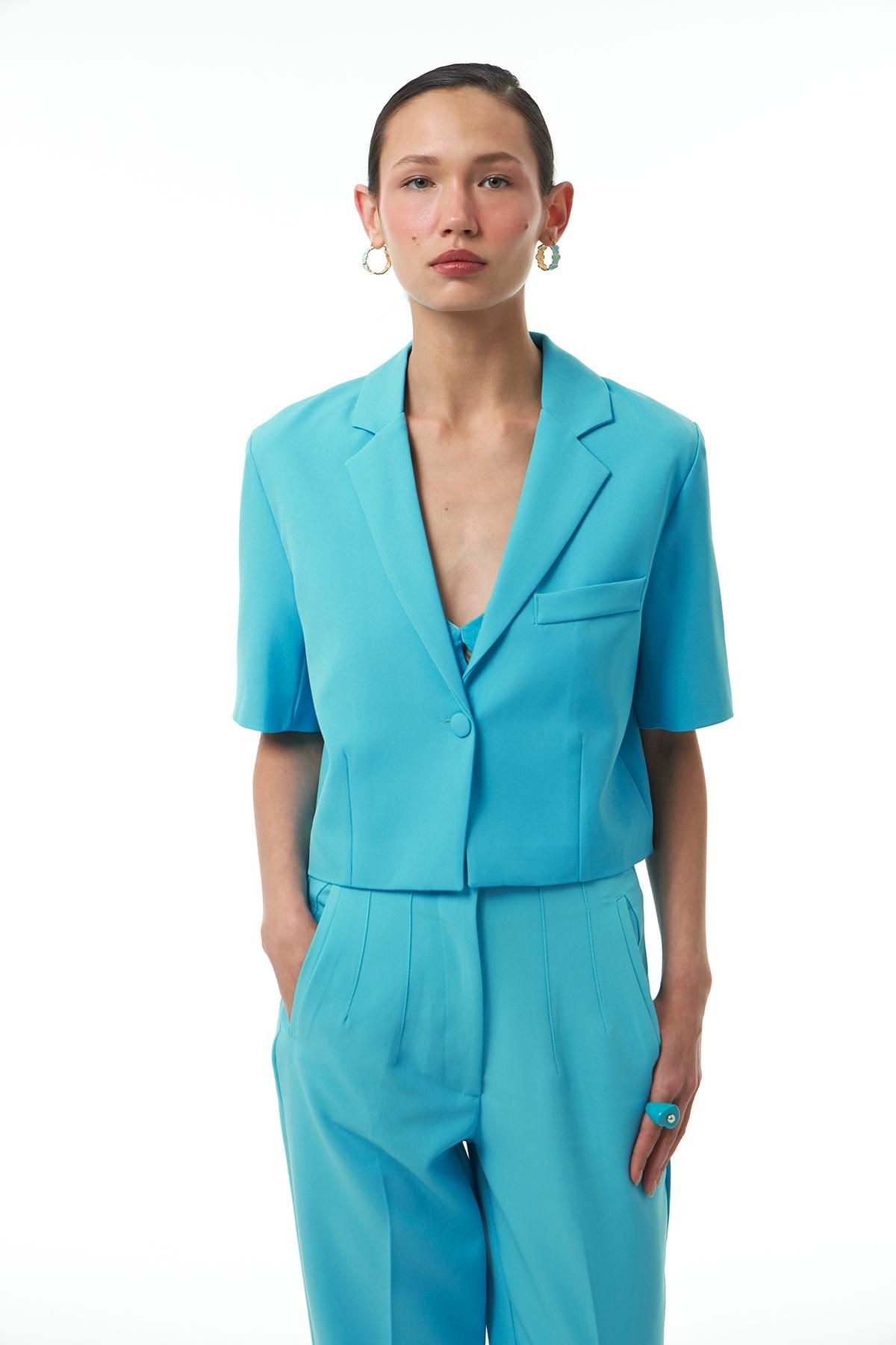 Kısa Kol Crop Blazer Ceket Turkuaz