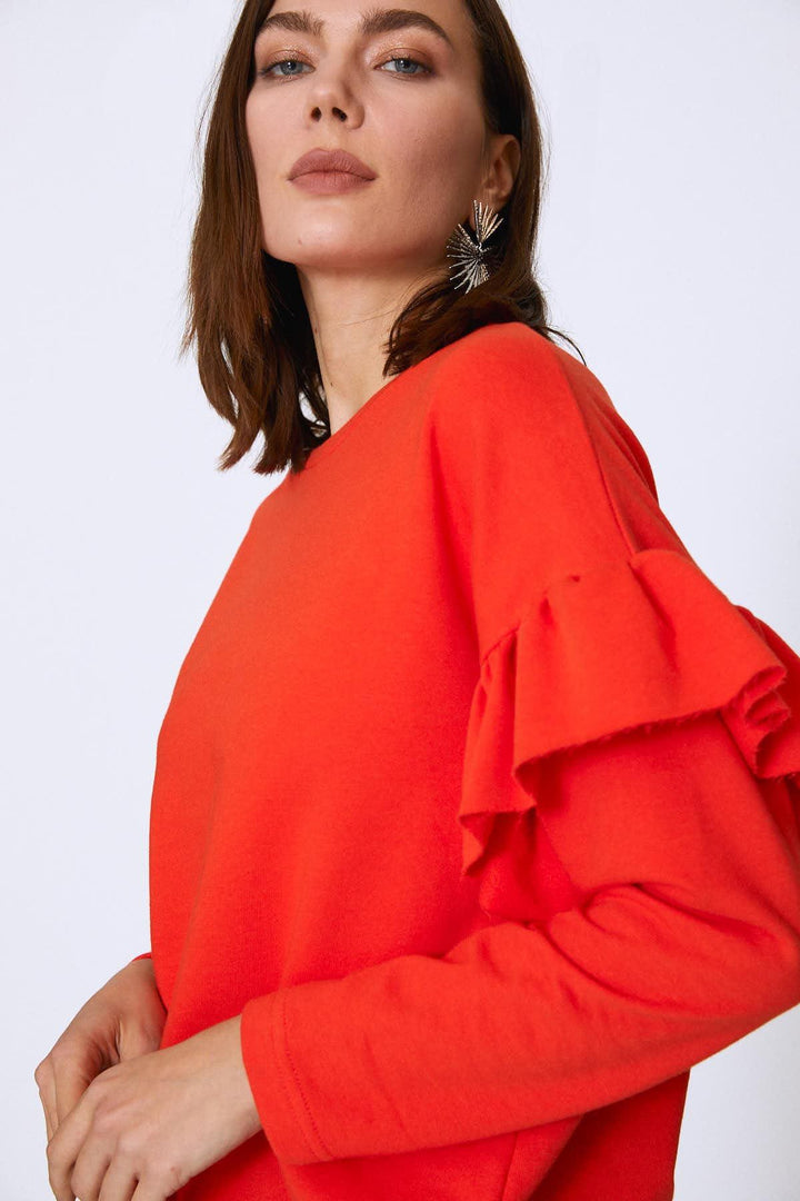 Crew Neck Sleeves Frilly Sweatshirt Orange