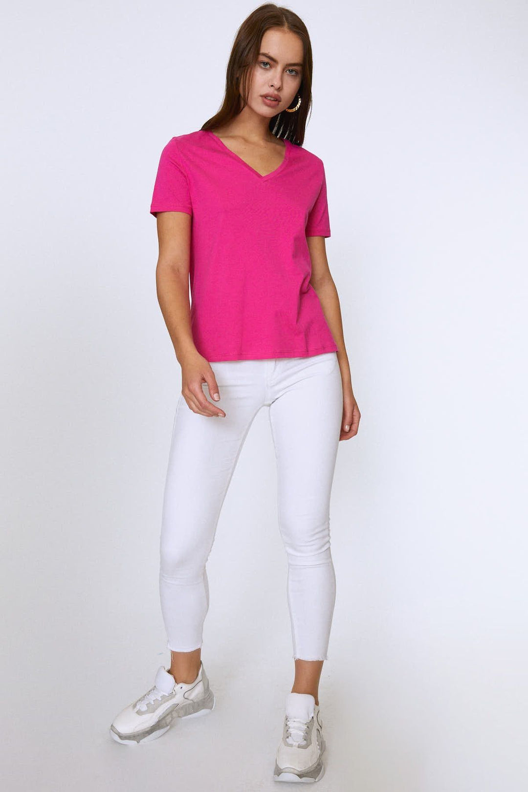 V Yaka Basic Tişört Fuşya