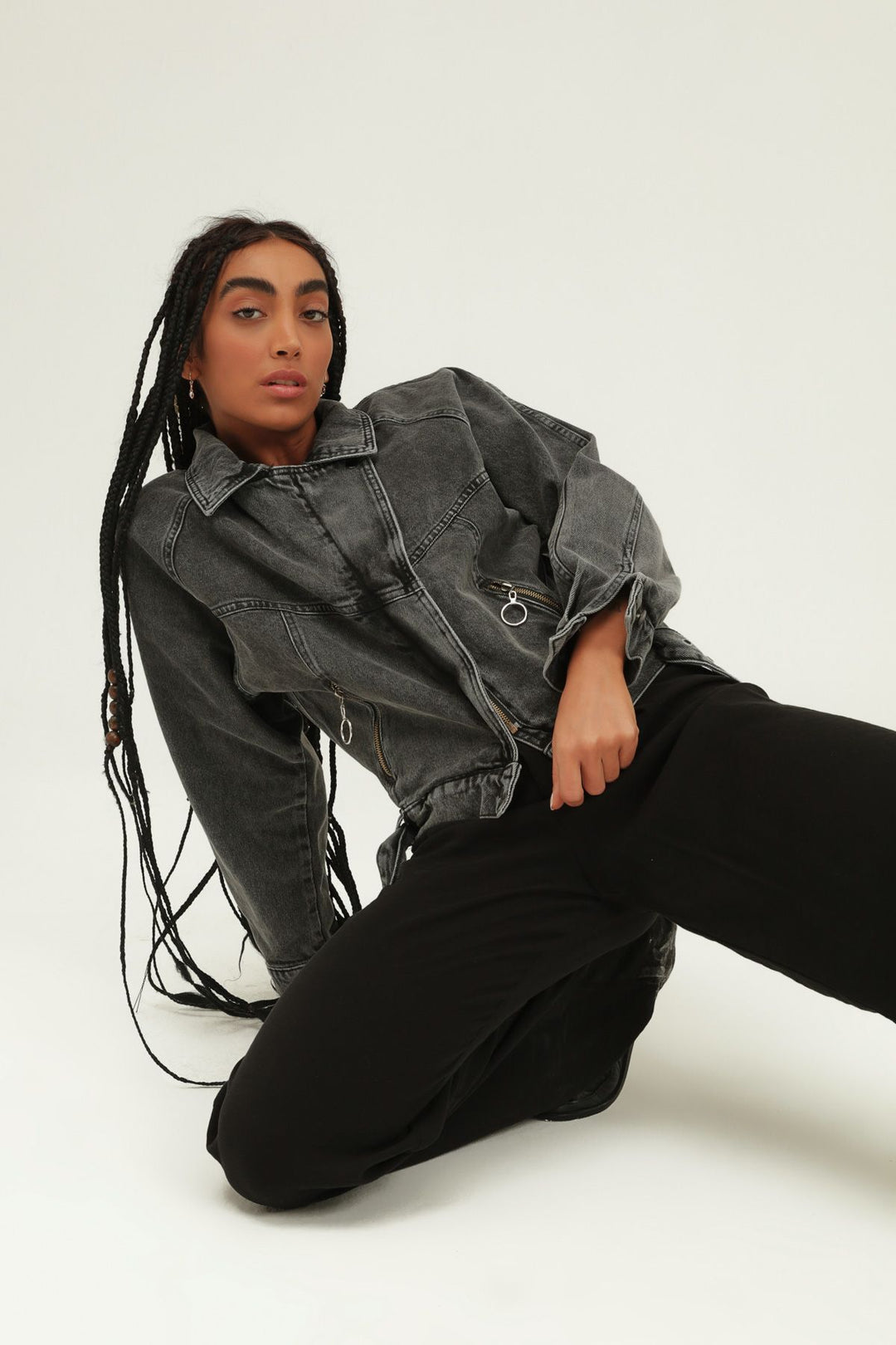 Belt Detailed Zippered Denim Jacket Gray