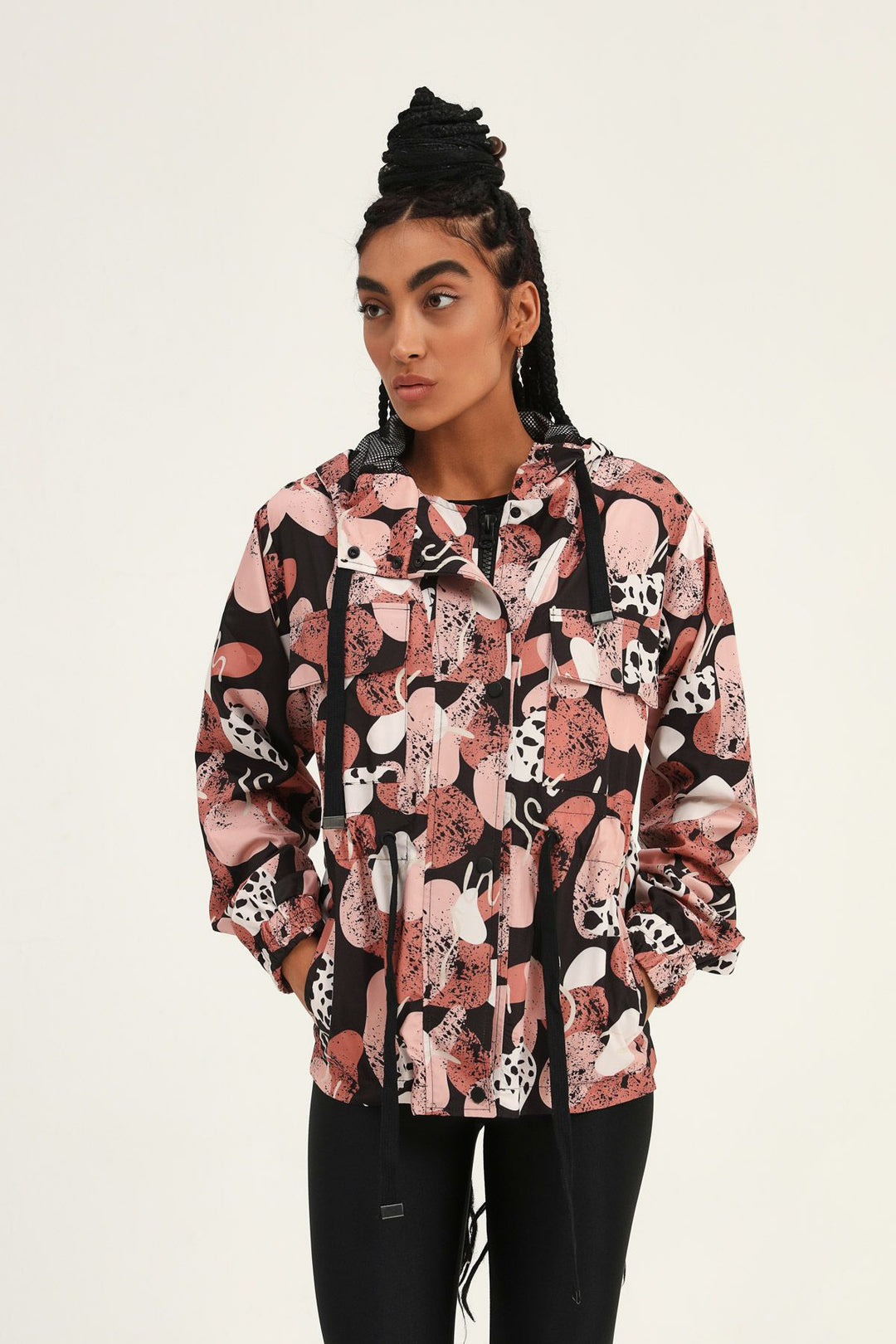 Patterned Elastic Waist Raincoat Black