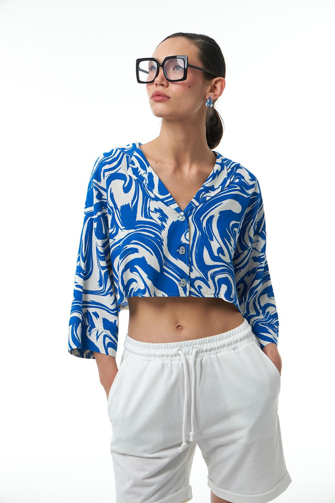 Desenli Keten Crop Gömlek Sax