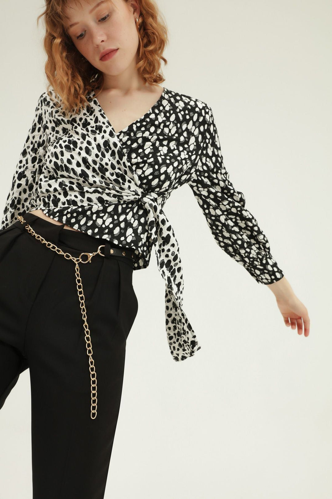 Desenli Kruvaze Bluz Siyah