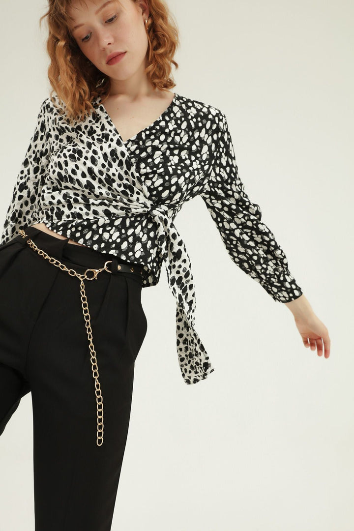 Desenli Kruvaze Bluz Siyah