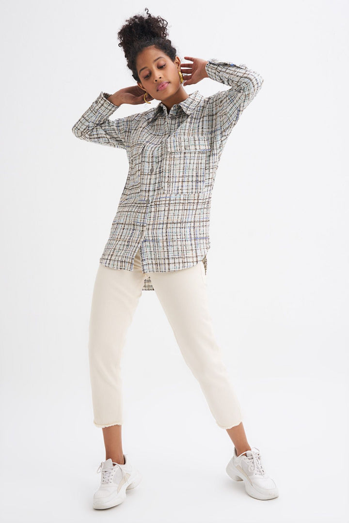 Tweed Pocketed Plaid Shirt Blue