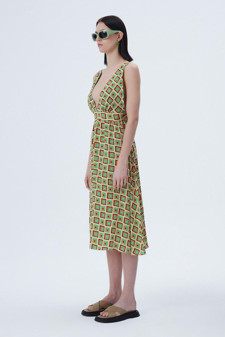 Back Cross Detailed Patterned Dress Beige