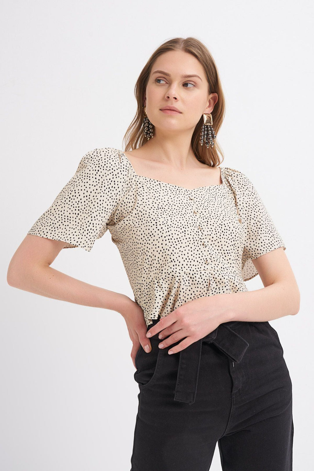 Button Detailed Polka Dot Volan Sleeve Blouse Beige