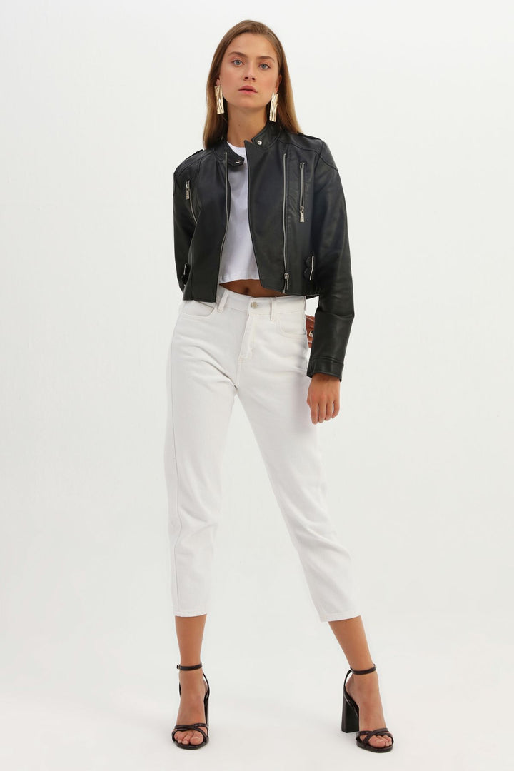 Belt Detailed Biker Leather Jacket Black