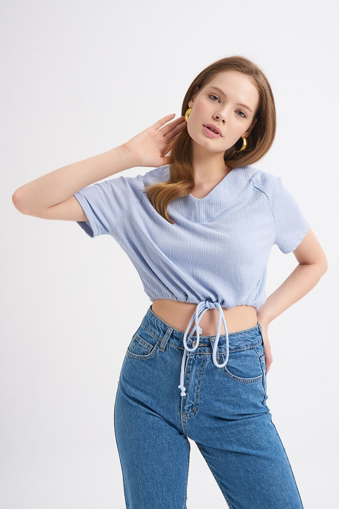 Bağlama Detaylı V Yaka Bluz Mavi