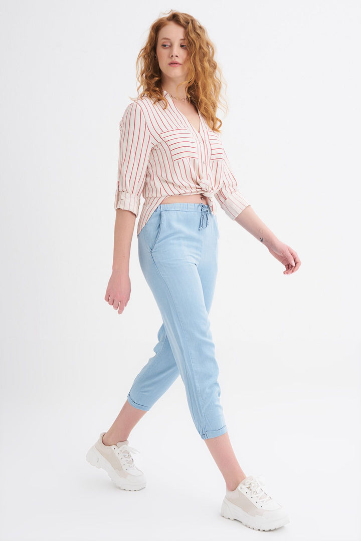 Bağcık Detaylı Bol Pantolon Açık Mavi