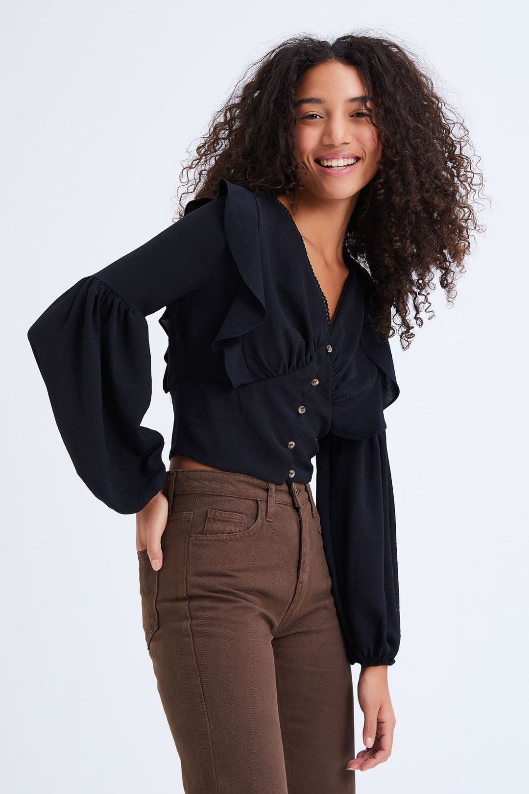 Button Front V-Neck Ruffle Blouse Black