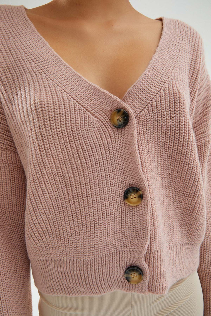 Düğmeli V Hırka Koyu Pudra