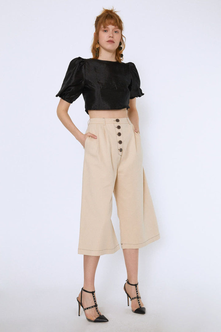 High Waist Front Buttoned Loose Trousers Bone