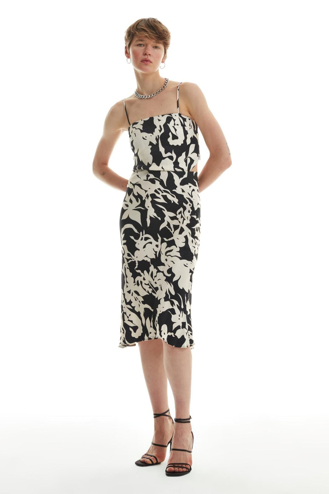 Patterned Satin Midi Skirt Black