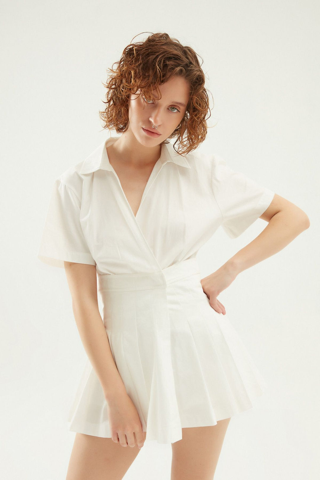 Kruvaze Pileli Mini Elbise Beyaz