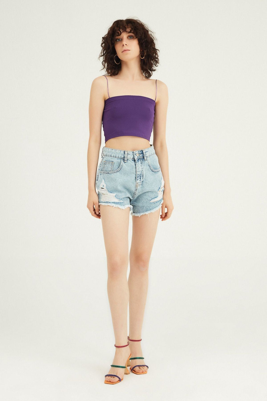 İp Askılı Crop Bluz Mor