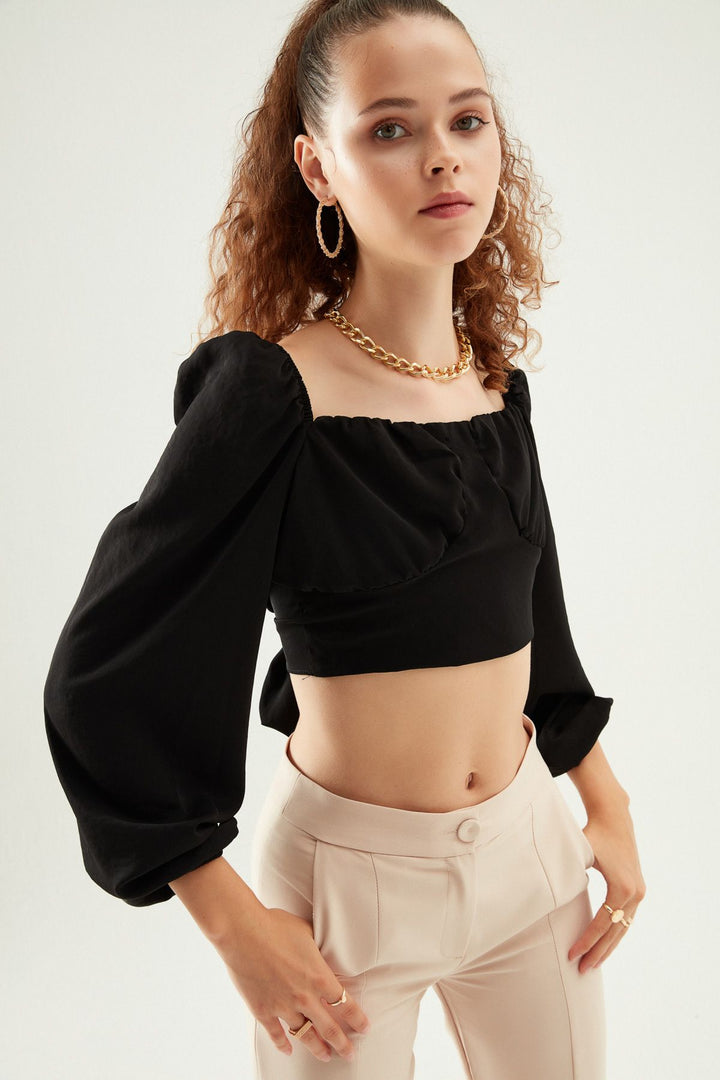 Bağlamalı Crop Bluz Siyah