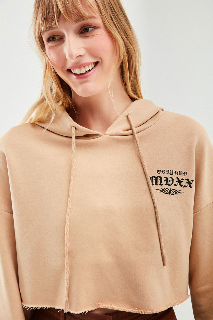 Baskılı Crop Sweatshirt Bej
