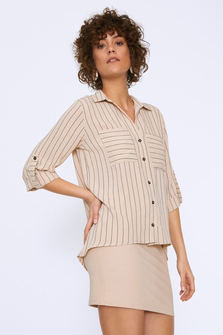 Önü Cepli Çizgili Gömlek Taş