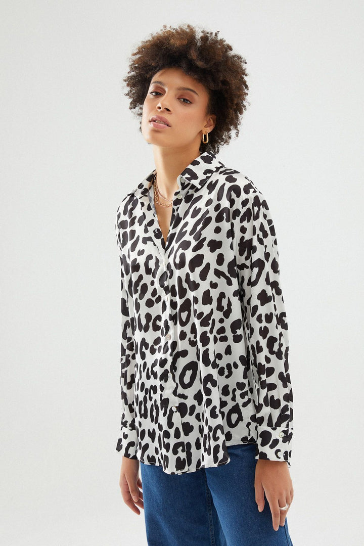 Desenli Saten Gömlek Siyah