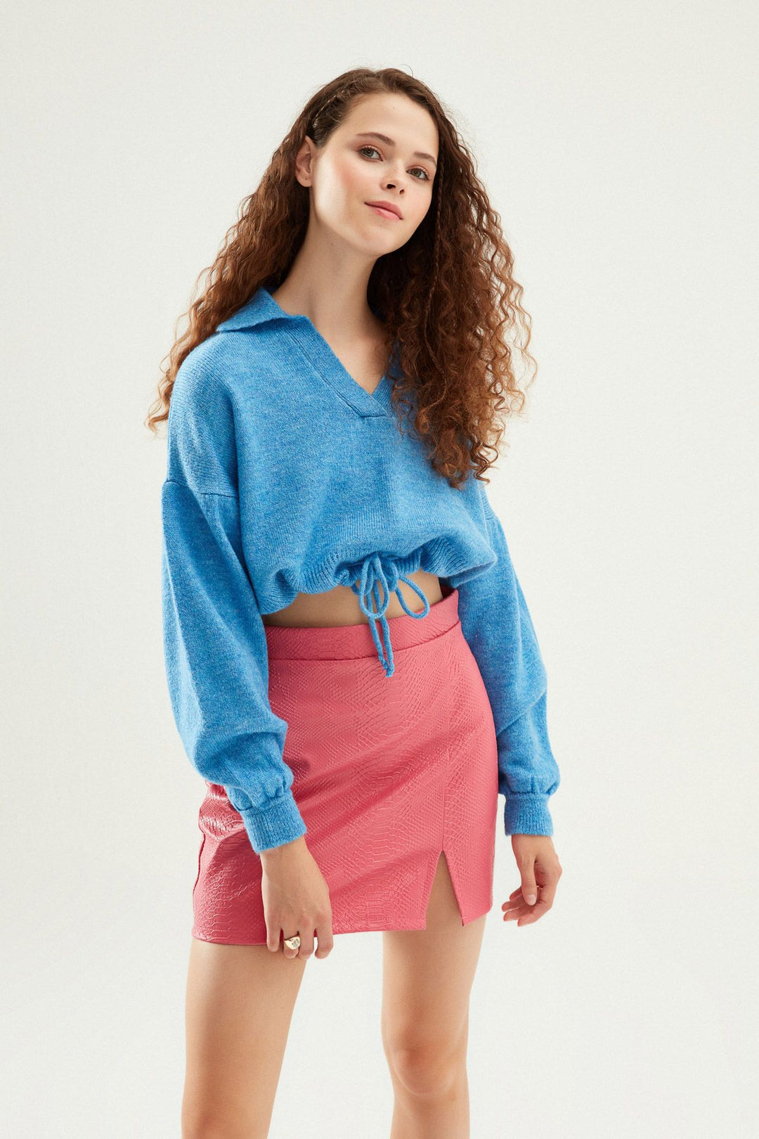 Polo Neck Waist Pleated Knitwear Blue