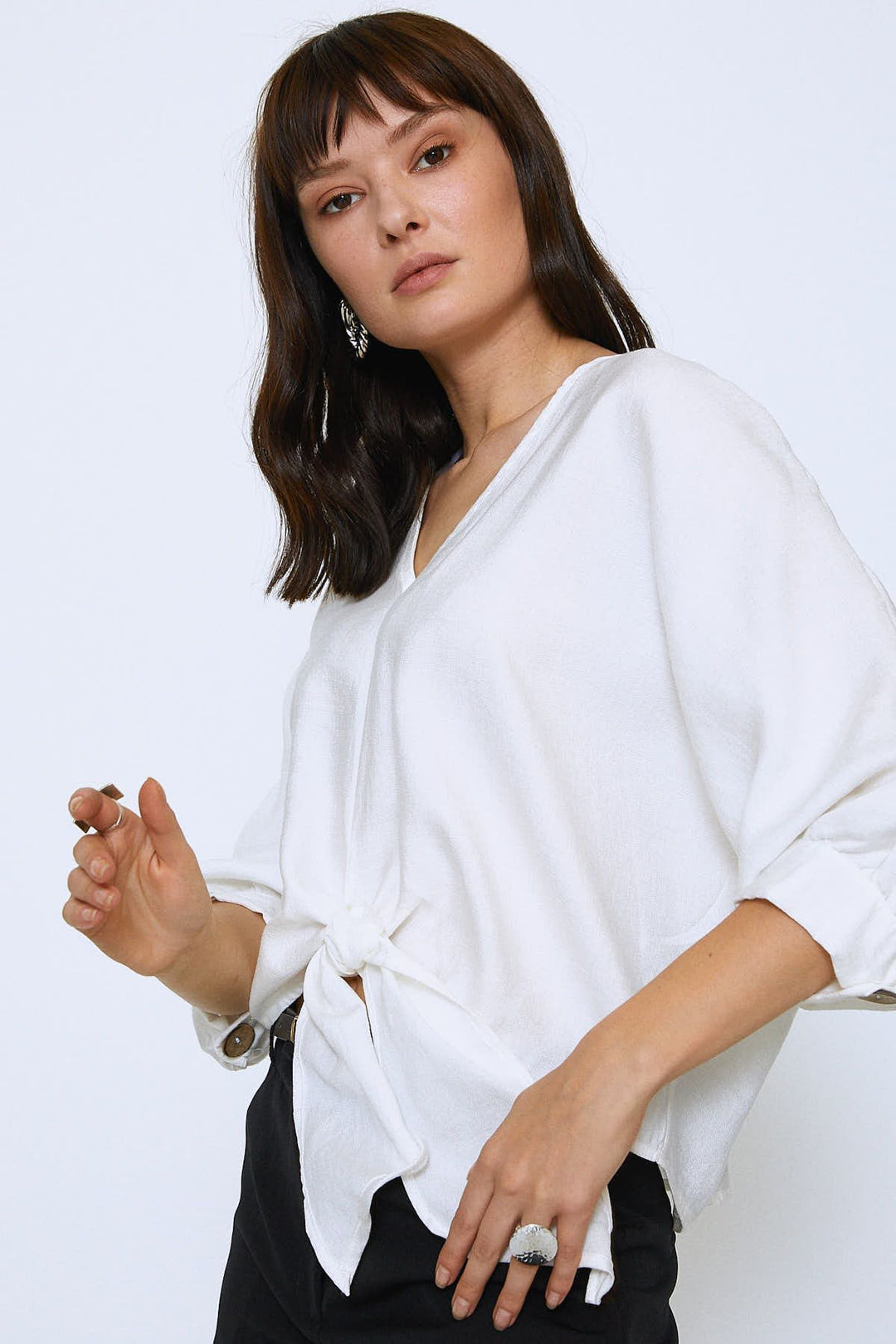 V Neck Bottom Tie Oversize Blouse Ecru