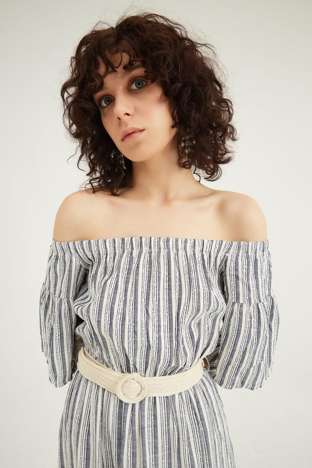 Off Shoulder Asymmetrical Belted Dress Indigo