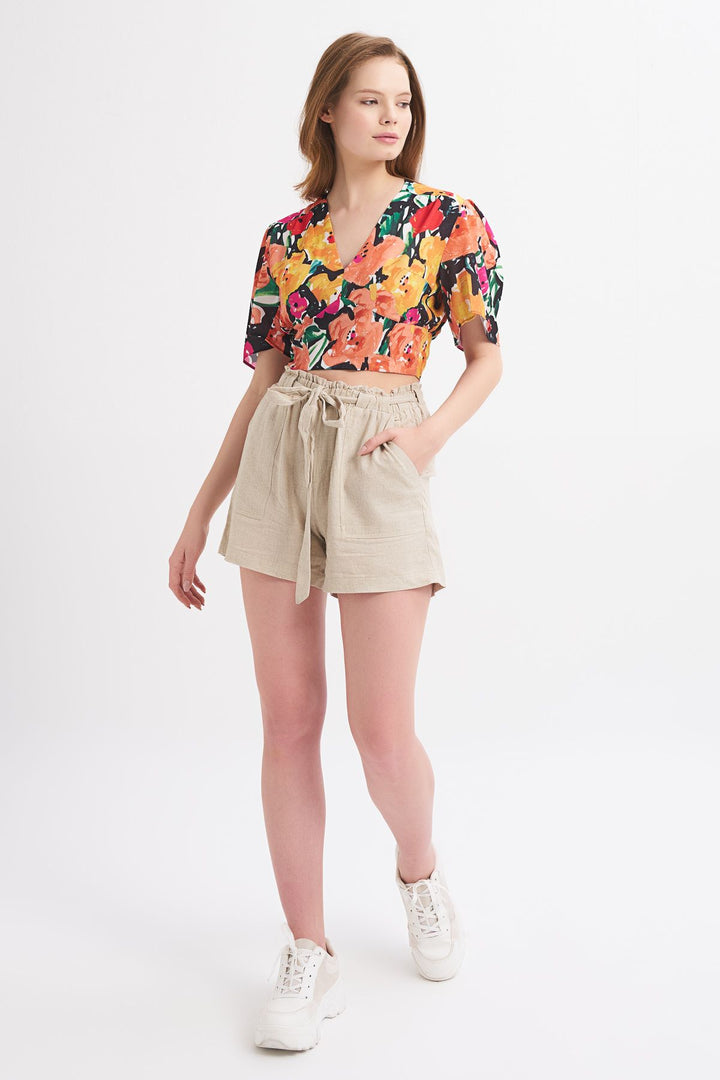 Patterned Tie Back Flywheel Sleeve Blouse Orange