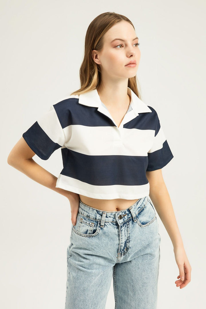 Polo Neck Striped Crop Blouse Navy