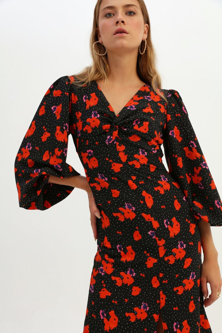 Patterned Low Back Slit Dress Red