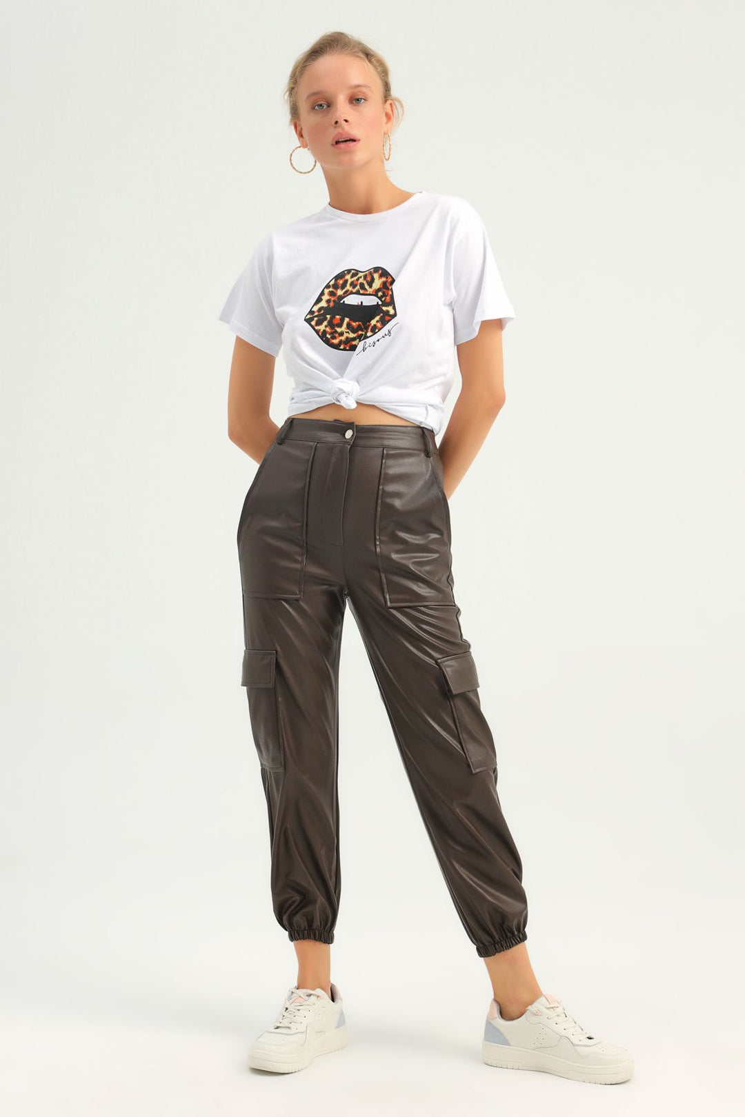 Cargo Pocket Leather Jogger Pants Brown