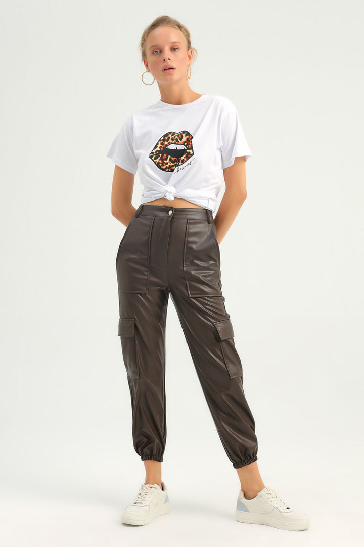 Cargo Pocket Leather Jogger Pants Brown