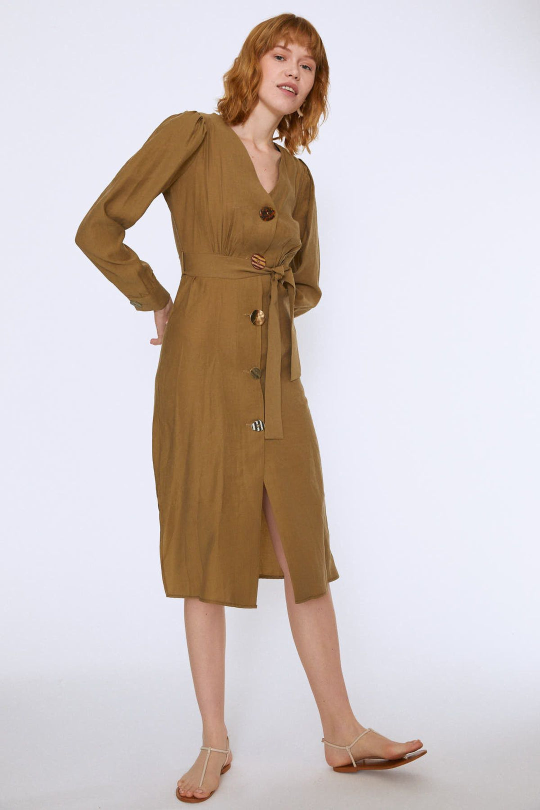 Button Front Belted Dress Khaki