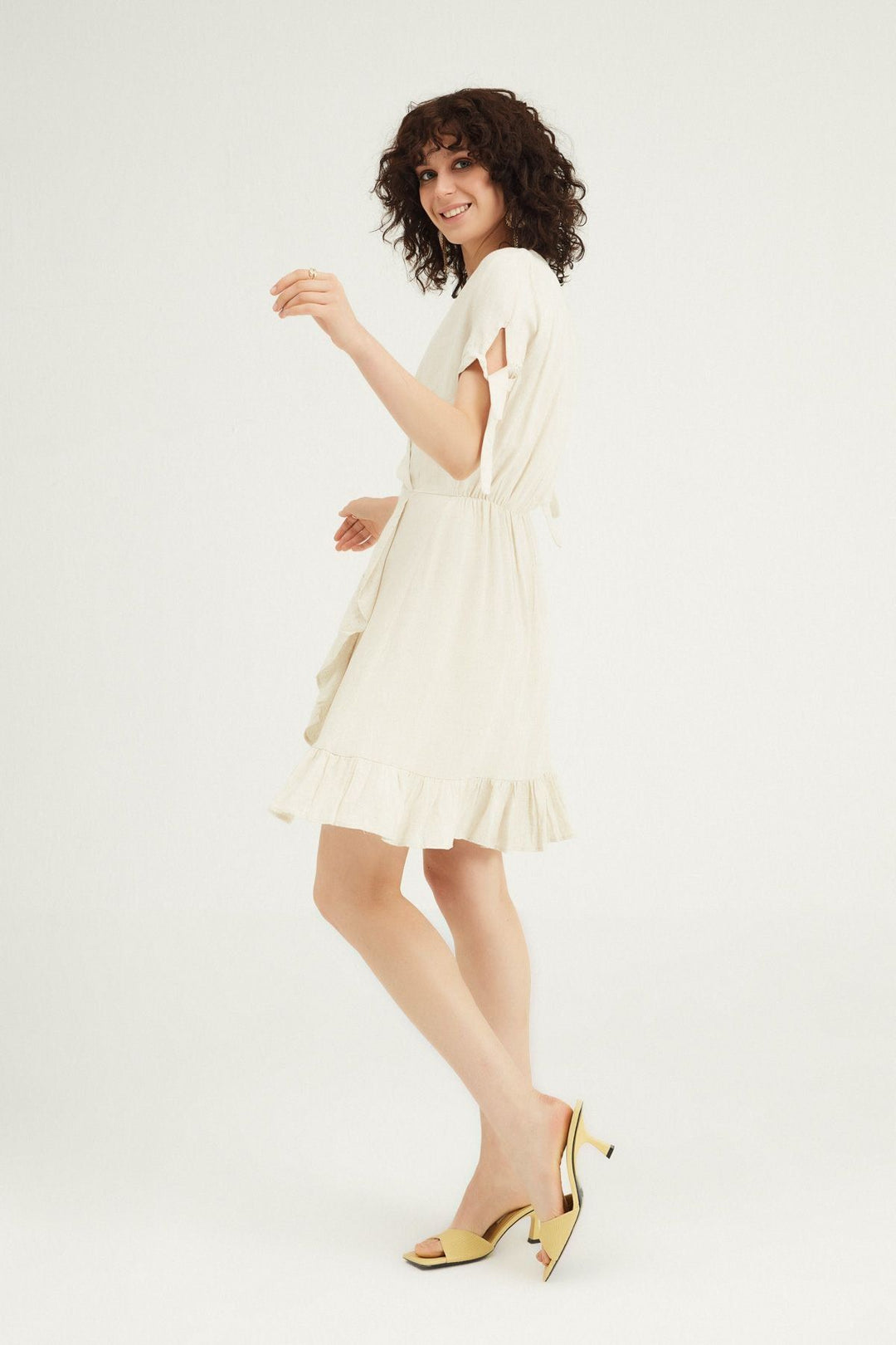 Double Breasted Frilly Linen Dress Natural