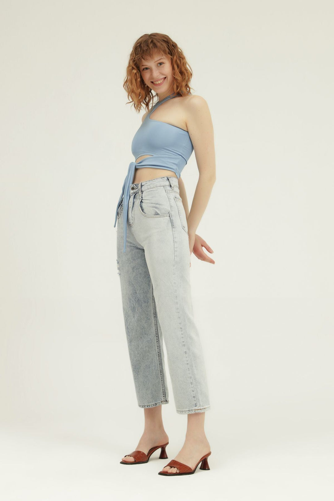 İki Renkli Bol Paça Kot Pantolon Açık Mavi