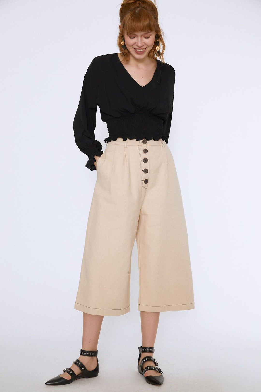 Beli Gipeli V Yaka Crop Bluz Siyah