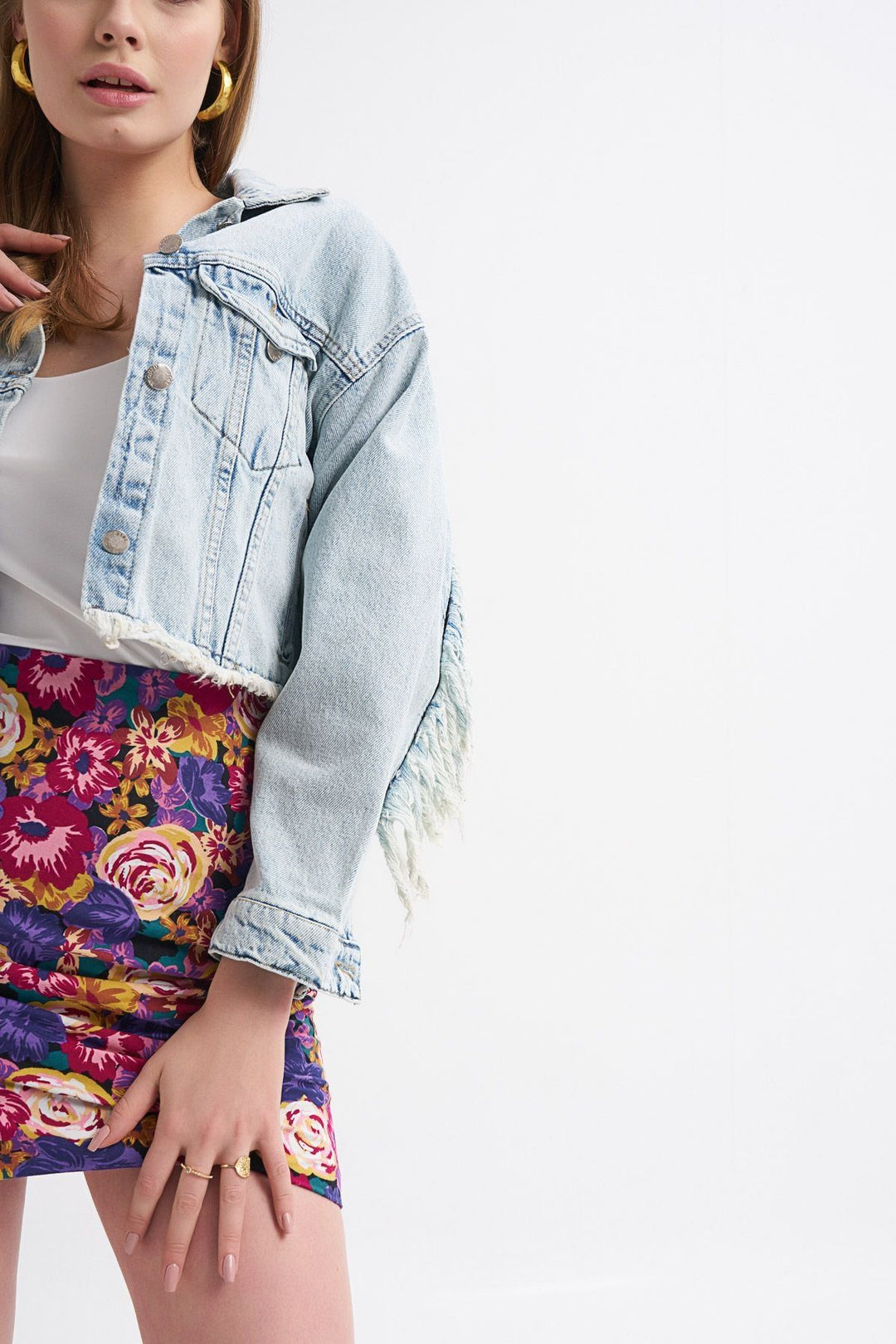 Tassel Detailed Denim Jacket on Sleeves Ice Blue