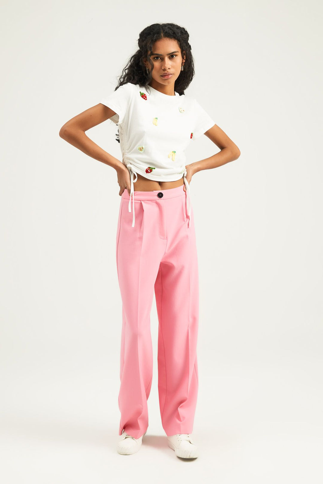 Pile Detaylı Palazzo Pantolon Şeker Pembe