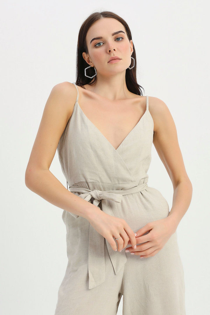 Askılı Beli Kuşaklı Keten Tulum Naturel