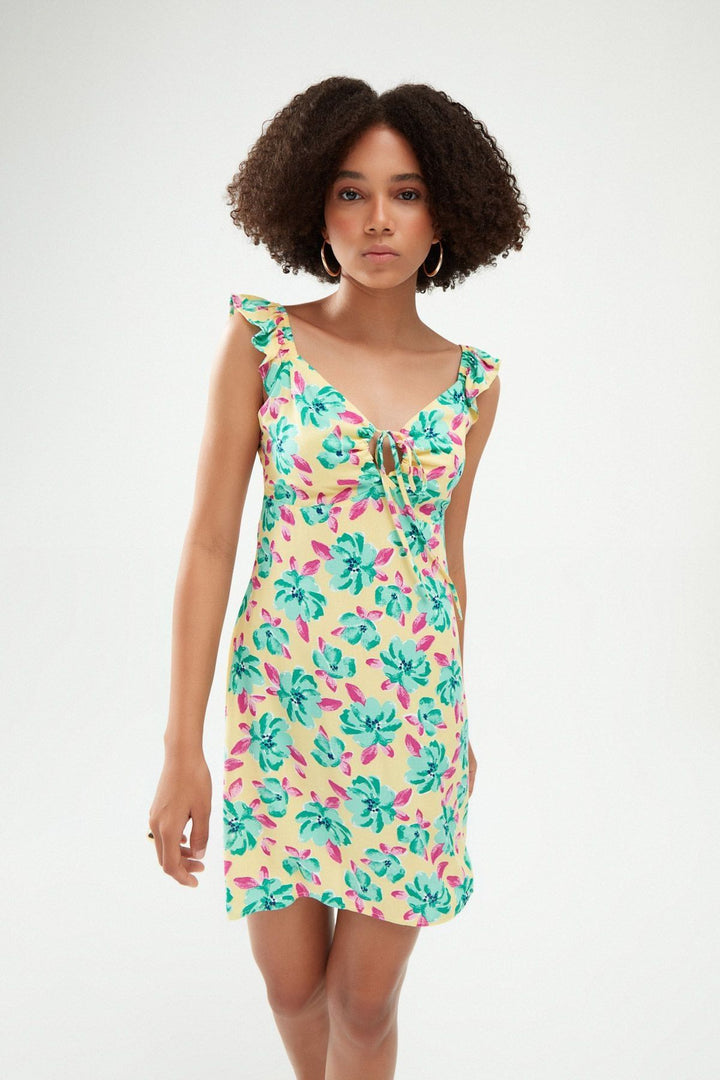 Desenli Sırt Dekolteli Mini Elbise Sarı