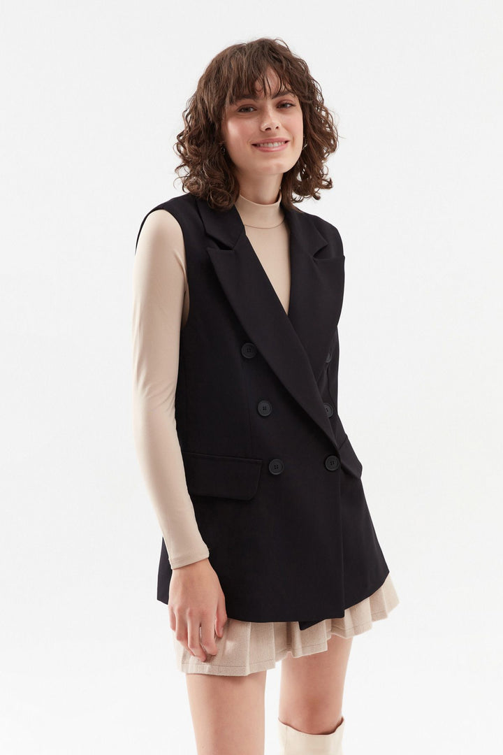 Kruvaze Yelek Ceket Siyah